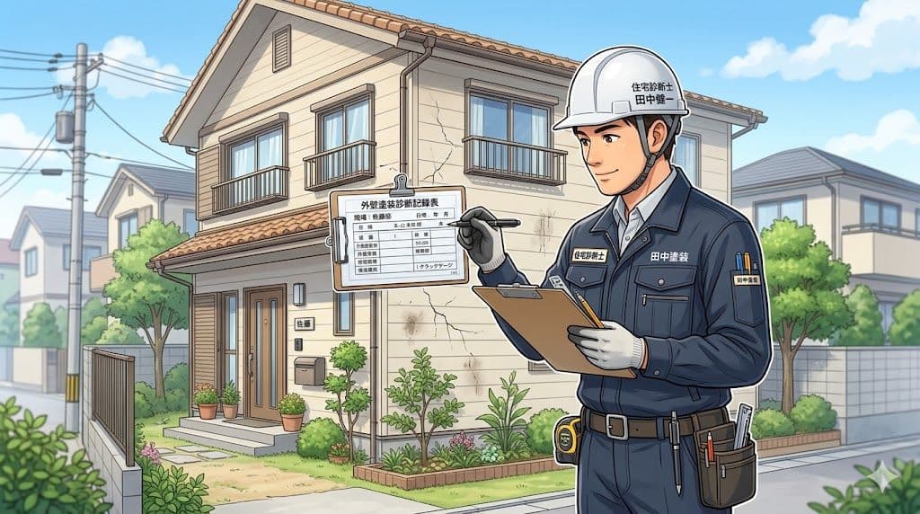 塗装診断士が外壁の劣化状況を記録している様子