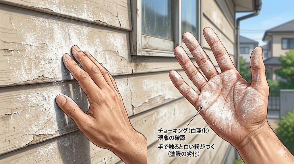 外壁のチョーキング現象(白亜化)の確認 手で触ると白い粉がつく